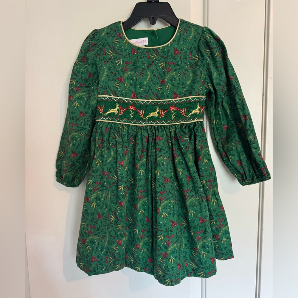 Bonnie Jean Green Dress with Gold Trim & Reindeer Embroidery